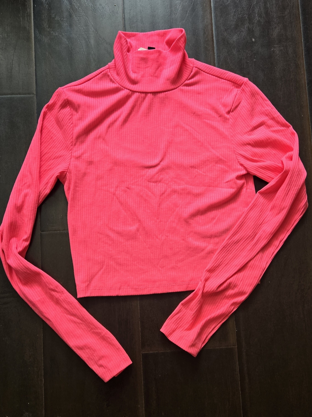 Divided Ribbed Cropped Turtleneck Top - Hot Pink